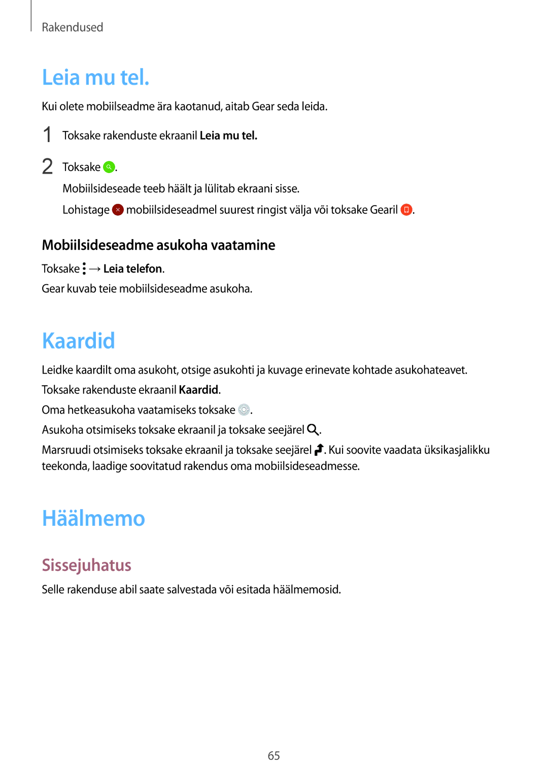 Samsung SM-R7200ZKASEB manual Leia mu tel, Kaardid, Häälmemo, Mobiilsideseadme asukoha vaatamine, Toksake →Leia telefon 