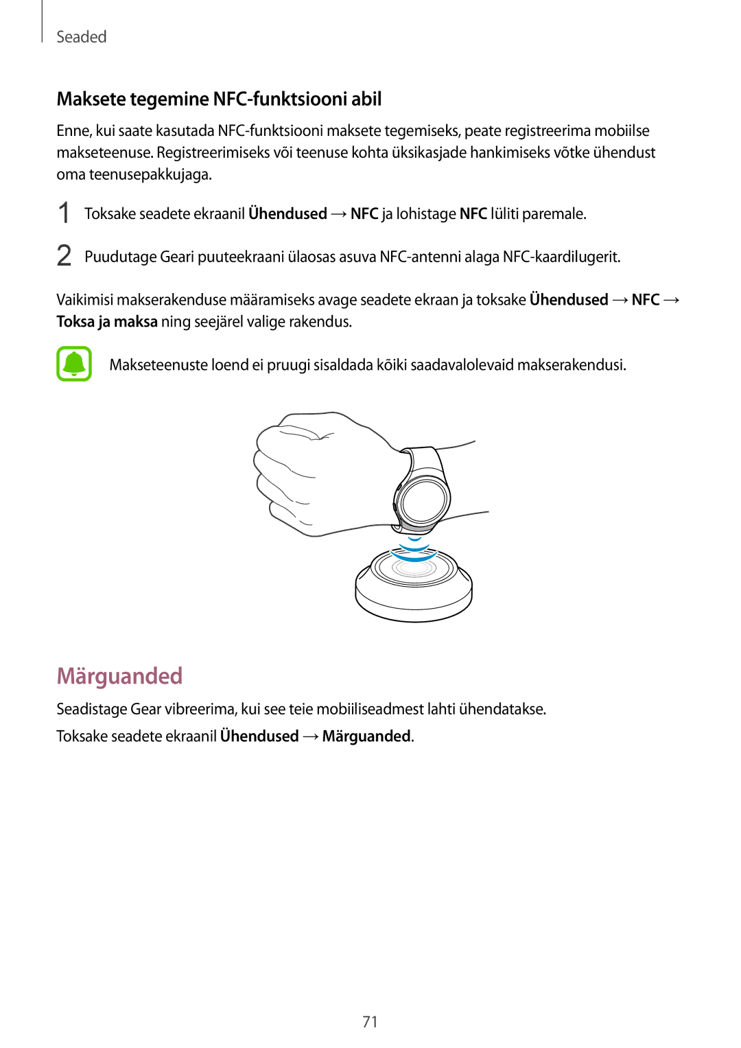 Samsung SM-R7200ZKASEB, SM-R7320ZKASEB manual Märguanded, Maksete tegemine NFC-funktsiooni abil 