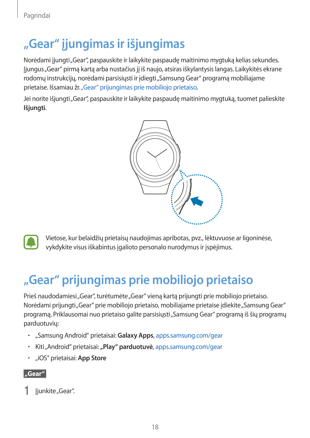 Samsung SM-R7320ZKASEB manual „Gear įjungimas ir išjungimas, „Gear prijungimas prie mobiliojo prietaiso, Įjunkite„Gear 