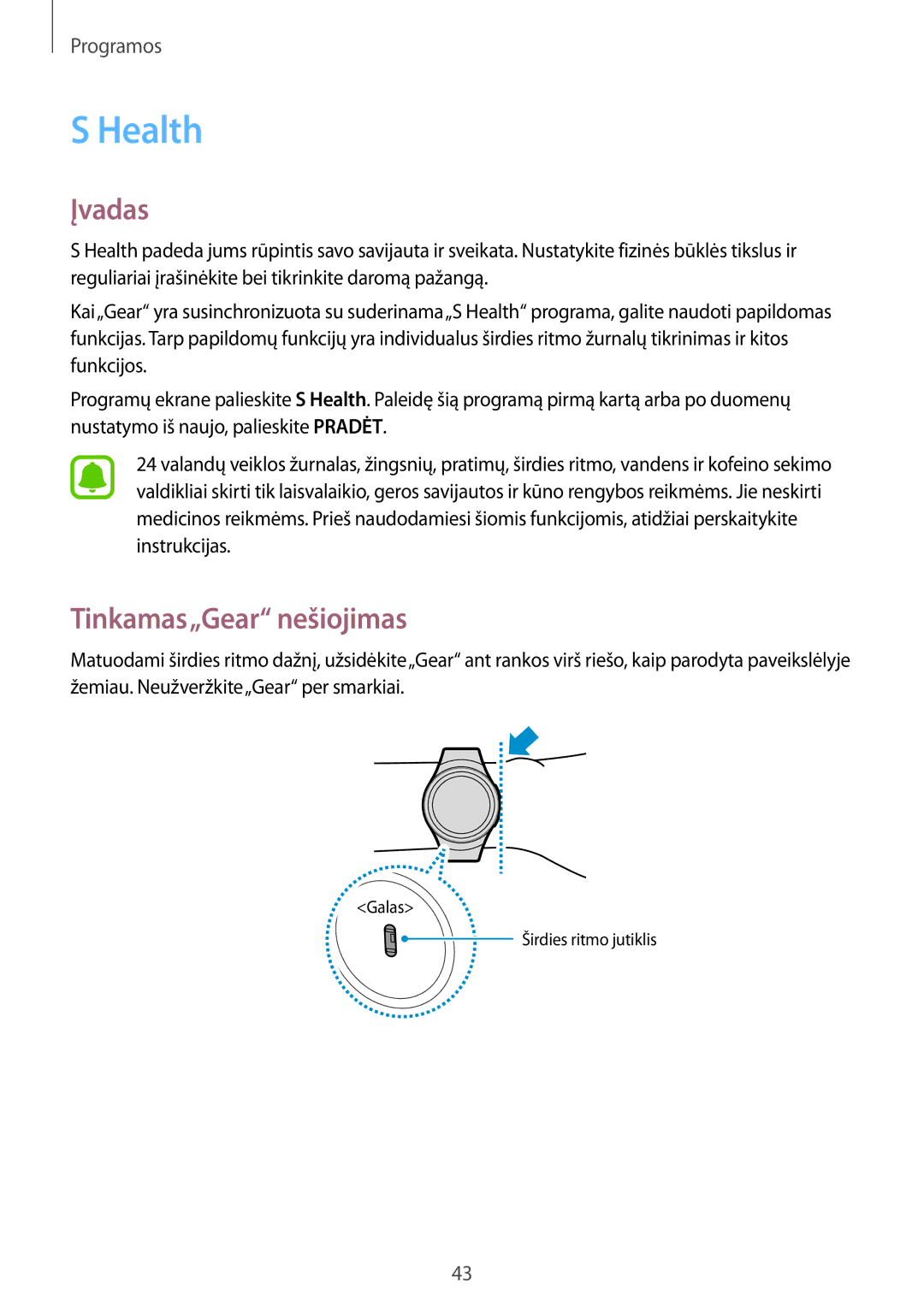 Samsung SM-R7200ZKASEB, SM-R7320ZKASEB manual Health, Tinkamas„Gear nešiojimas 