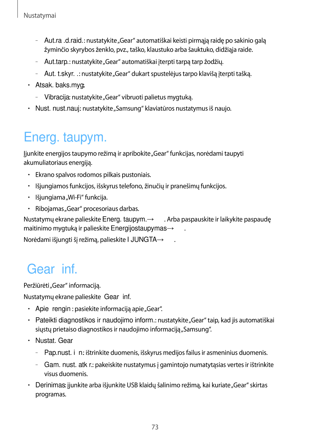 Samsung SM-R7200ZKASEB, SM-R7320ZKASEB manual Energ. taupym, „Gear inf, Atsak. baks.myg, Nustat. Gear 