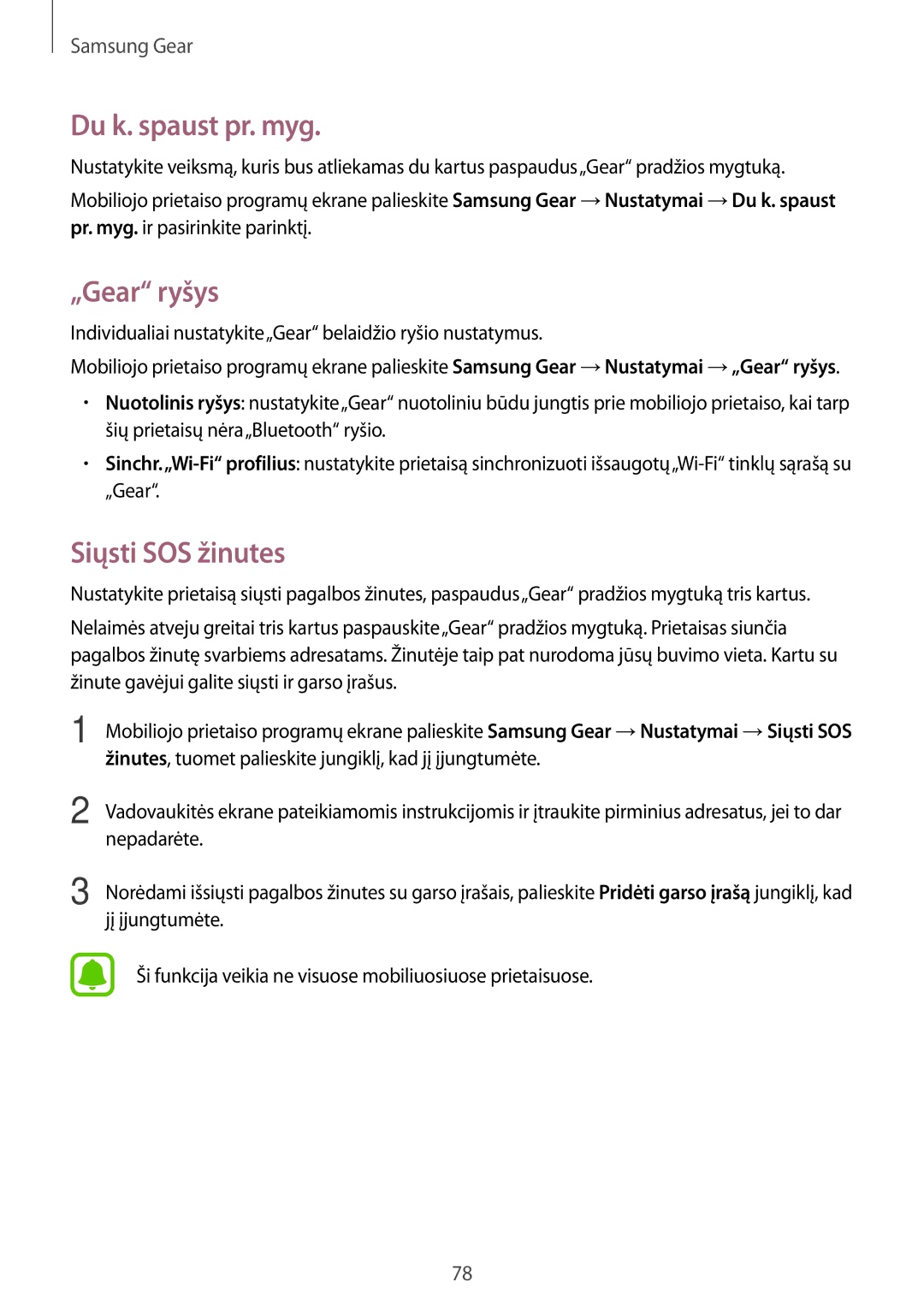 Samsung SM-R7320ZKASEB, SM-R7200ZKASEB manual Du k. spaust pr. myg, „Gear ryšys, Siųsti SOS žinutes 