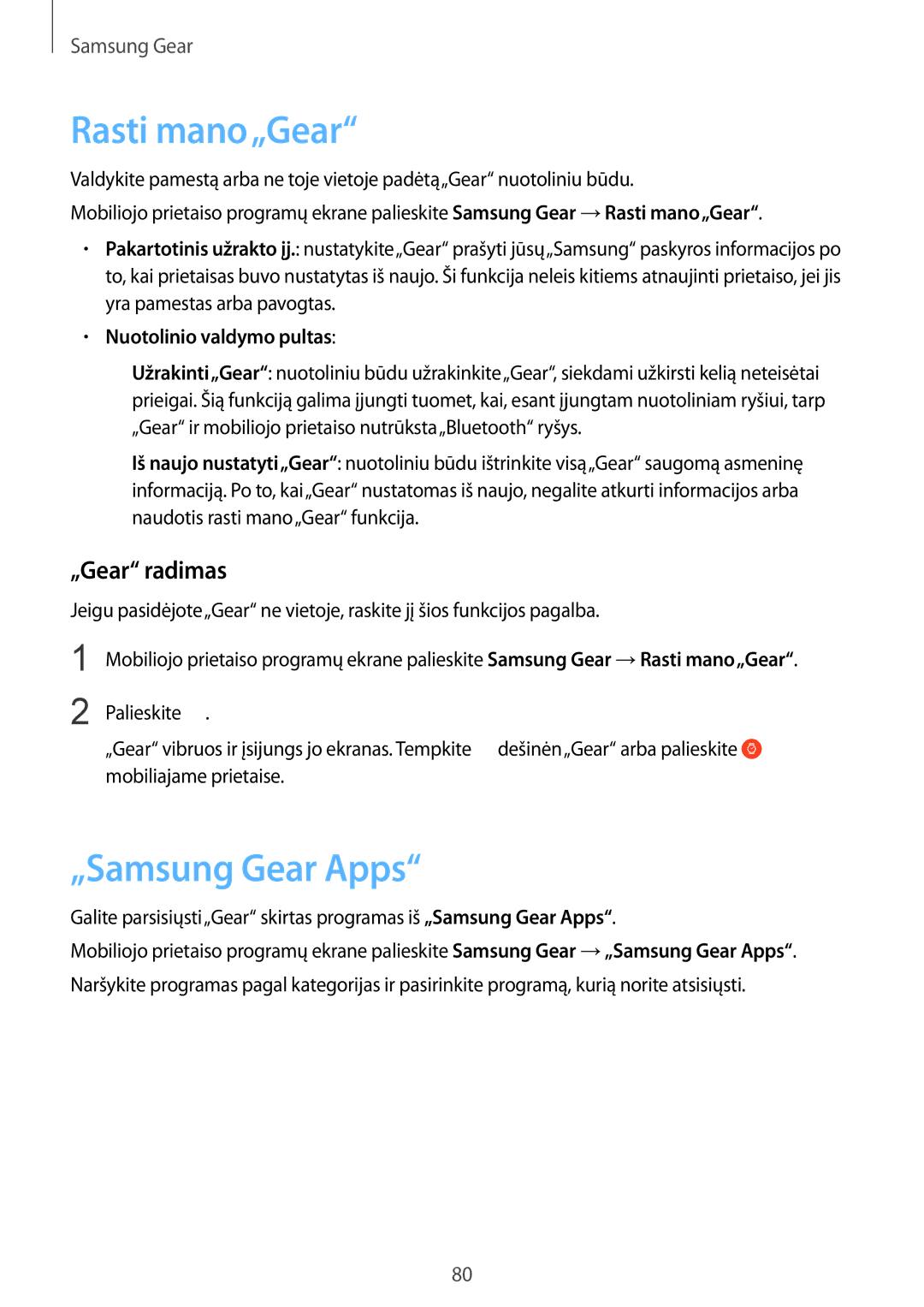 Samsung SM-R7320ZKASEB, SM-R7200ZKASEB manual Rasti mano„Gear, „Samsung Gear Apps, „Gear radimas, Nuotolinio valdymo pultas 