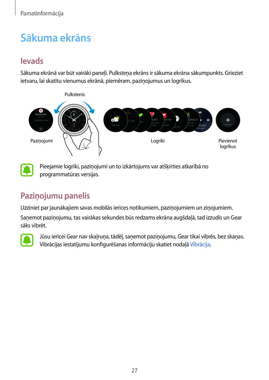 Samsung SM-R7200ZKASEB, SM-R7320ZKASEB manual Sākuma ekrāns, Ievads, Paziņojumu panelis 