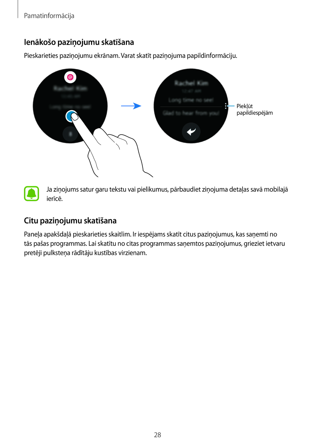 Samsung SM-R7320ZKASEB, SM-R7200ZKASEB manual Ienākošo paziņojumu skatīšana, Citu paziņojumu skatīšana 