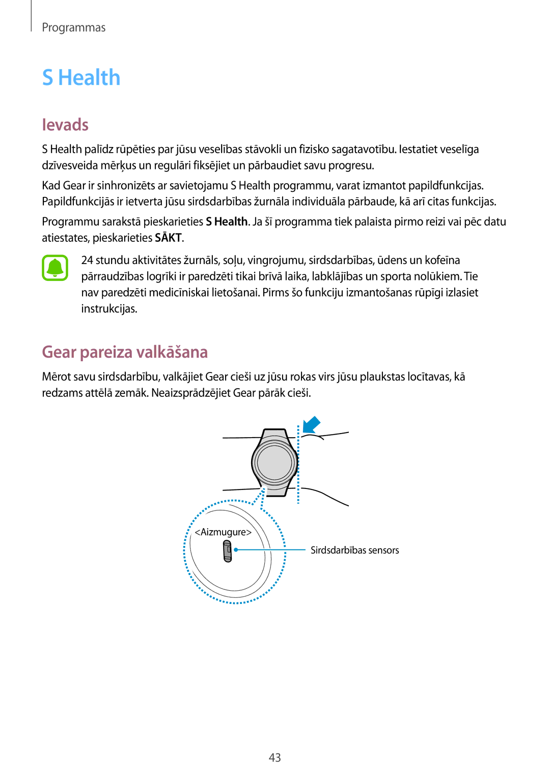Samsung SM-R7200ZKASEB, SM-R7320ZKASEB manual Health, Gear pareiza valkāšana 