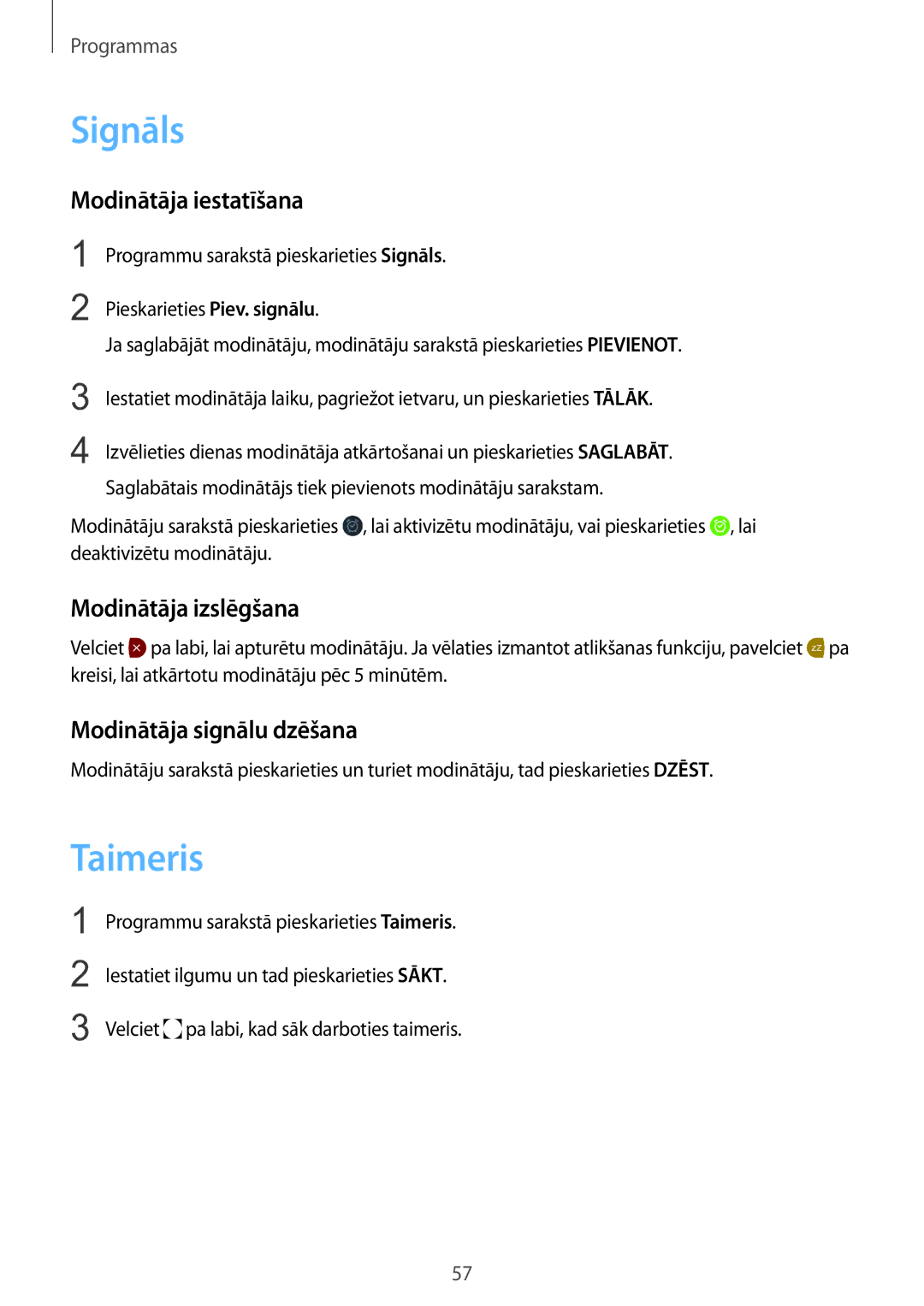 Samsung SM-R7200ZKASEB manual Signāls, Taimeris, Modinātāja iestatīšana, Modinātāja izslēgšana, Modinātāja signālu dzēšana 