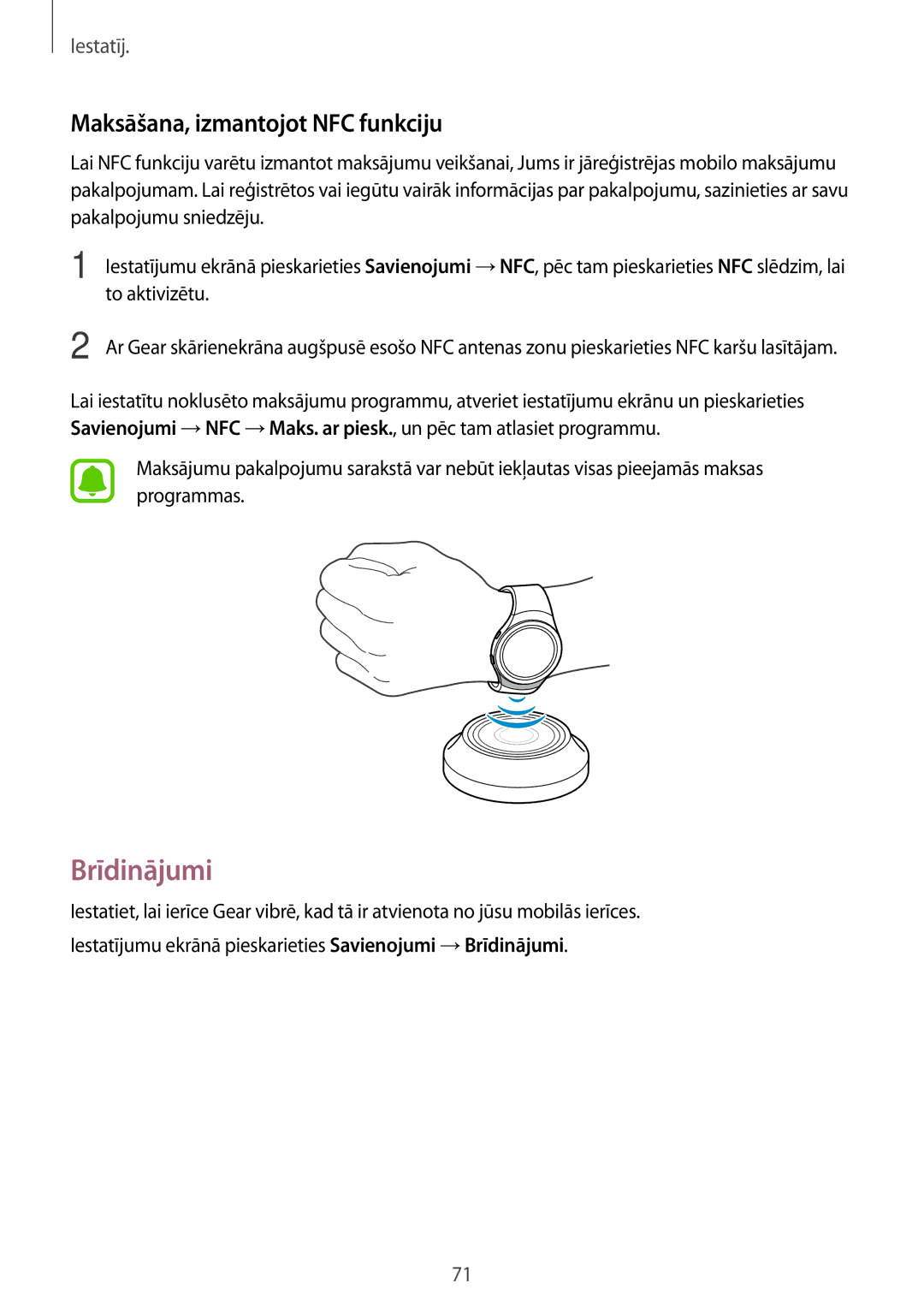 Samsung SM-R7200ZKASEB, SM-R7320ZKASEB manual Brīdinājumi, Maksāšana, izmantojot NFC funkciju, To aktivizētu 