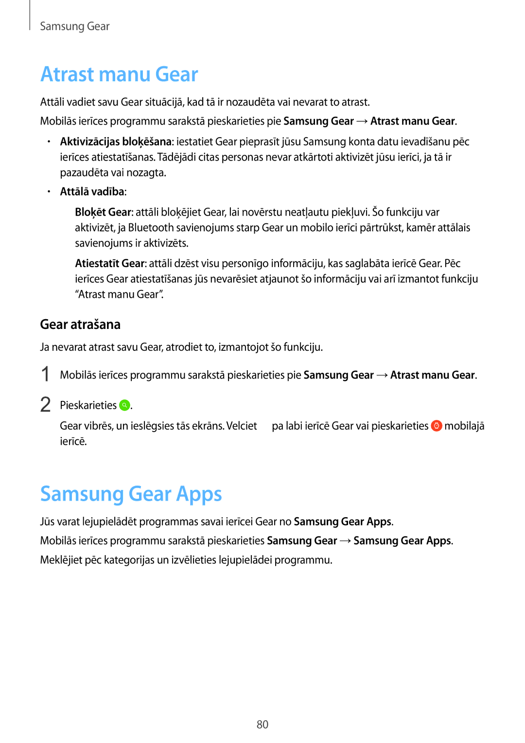 Samsung SM-R7320ZKASEB, SM-R7200ZKASEB manual Atrast manu Gear, Samsung Gear Apps, Gear atrašana, Attālā vadība 