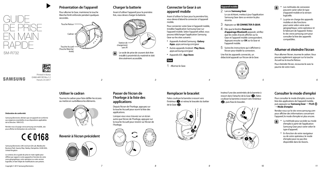 Samsung SM-R7320WDAXEF manual Présentation de l’appareil, Charger la batterie, Utiliser le cadran, Remplacer le bracelet 