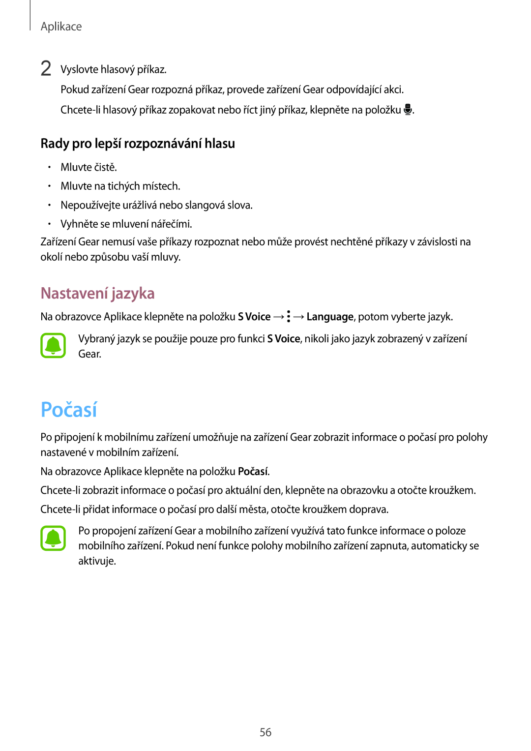 Samsung SM-R7200ZWAXEZ, SM-R7320ZKAXEZ, SM-R7200ZKAXEZ manual Počasí, Nastavení jazyka, Rady pro lepší rozpoznávání hlasu 