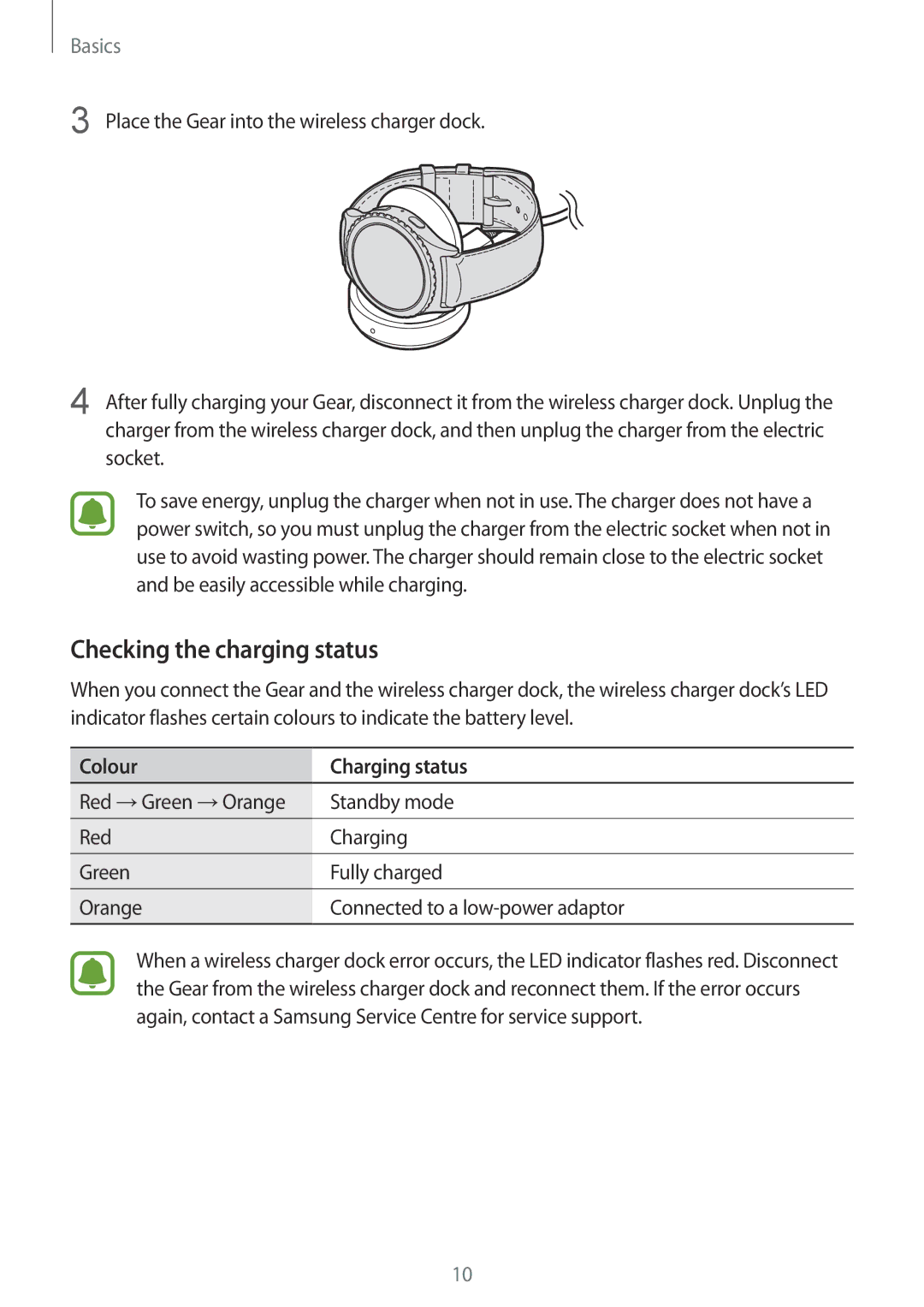 Samsung SM-R7350ZKASWC, SM-R7350ZKAVD2, SM-R7350ZKAVIA, SM-R7350ZKGFTM Checking the charging status, Colour Charging status 