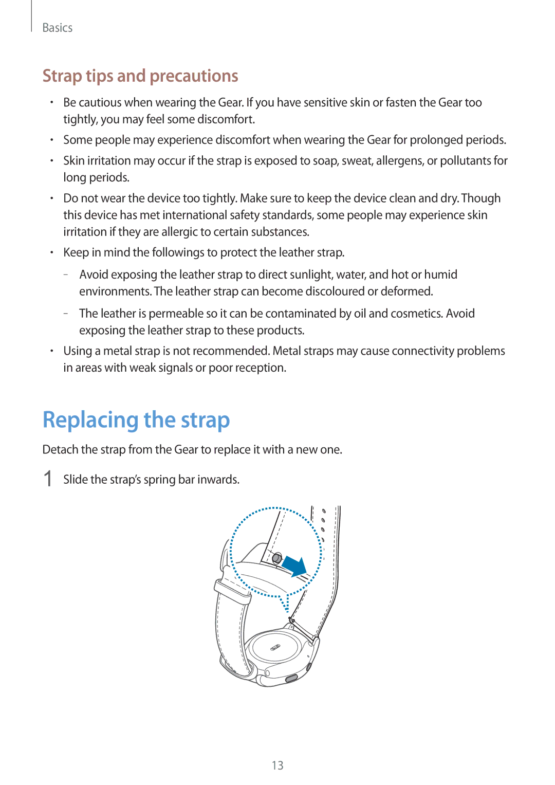 Samsung SM-R7350ZKGAMO, SM-R7350ZKAVD2, SM-R7350ZKAVIA, SM-R7350ZKASWC manual Replacing the strap, Strap tips and precautions 