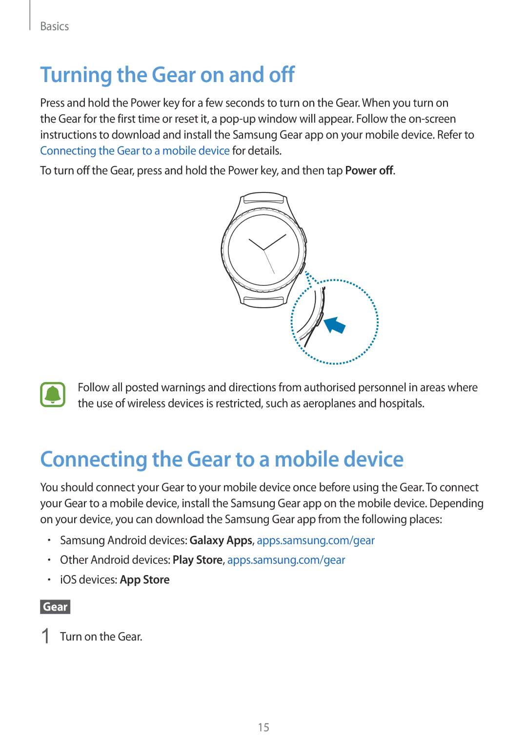 Samsung SM-R7350ZKOEMT, SM-R7350ZKAVD2, SM-R7350ZKAVIA Turning the Gear on and off, Connecting the Gear to a mobile device 