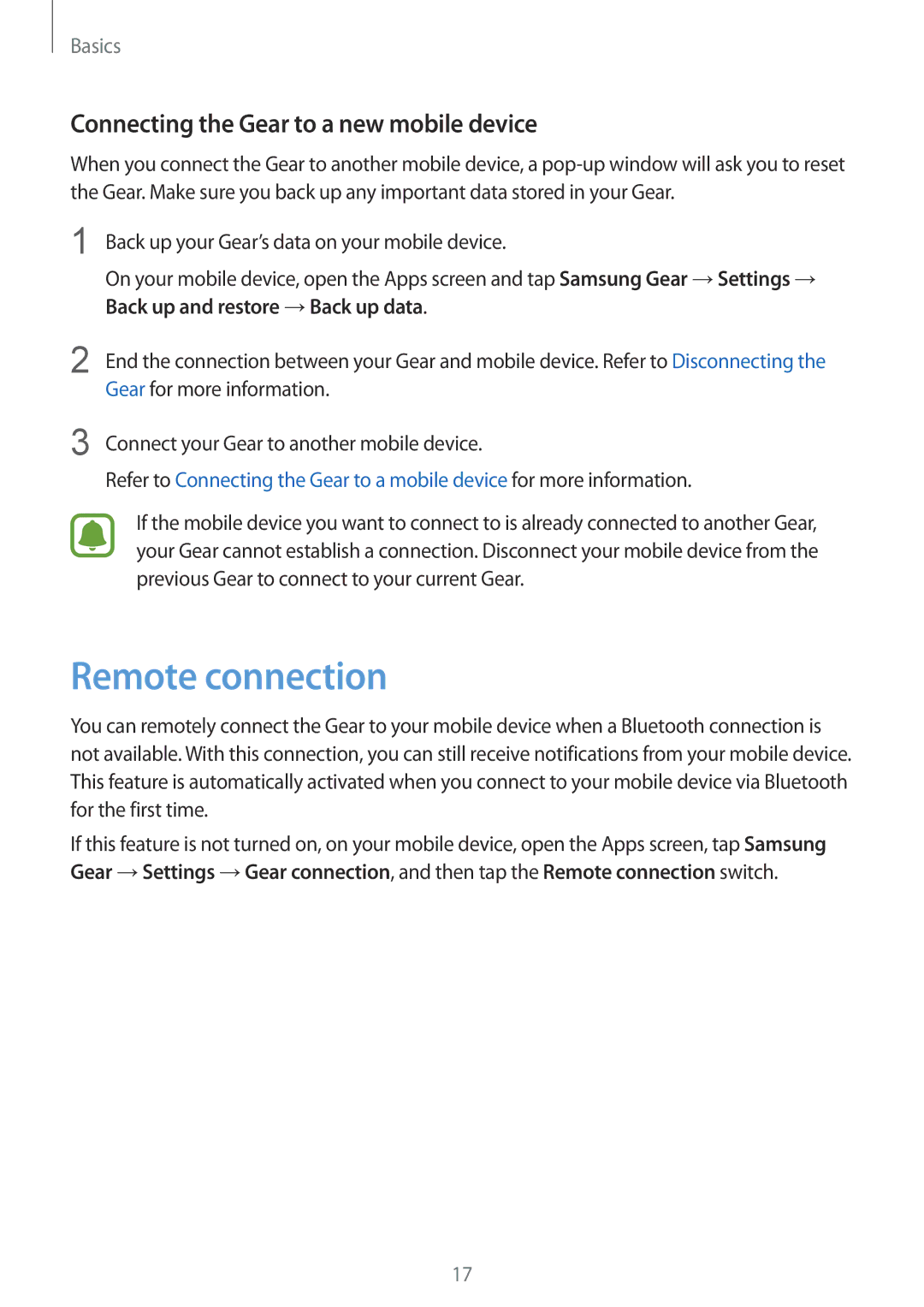 Samsung SM-R7350ZKAVIA, SM-R7350ZKAVD2, SM-R7350ZKASWC manual Remote connection, Connecting the Gear to a new mobile device 