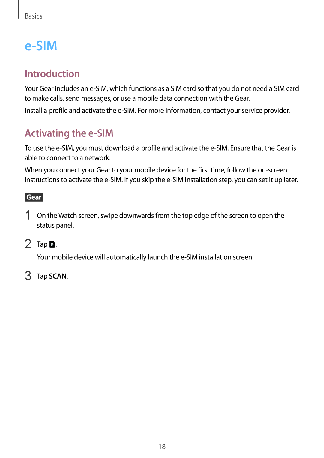 Samsung SM-R7350ZKASWC, SM-R7350ZKAVD2, SM-R7350ZKAVIA, SM-R7350ZKGFTM manual Sim, Introduction, Activating the e-SIM 