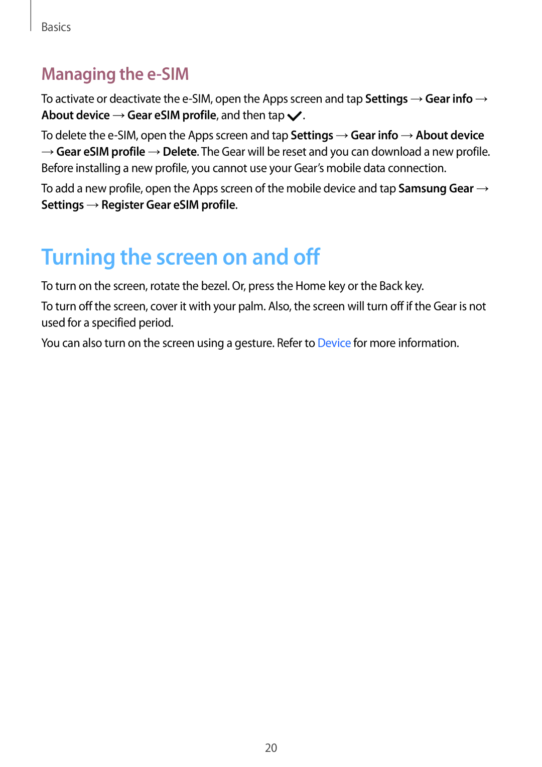 Samsung SM-R7350ZKGTIM, SM-R7350ZKAVD2, SM-R7350ZKAVIA, SM-R7350ZKASWC Turning the screen on and off, Managing the e-SIM 