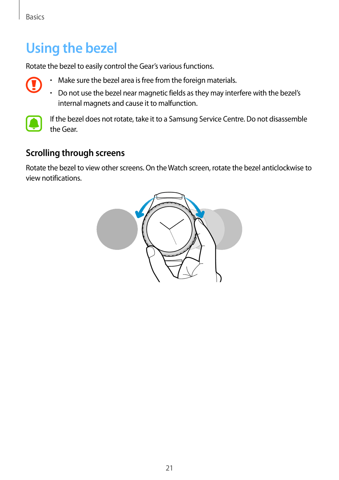 Samsung SM-R7350ZKGAMO, SM-R7350ZKAVD2, SM-R7350ZKAVIA, SM-R7350ZKASWC manual Using the bezel, Scrolling through screens 