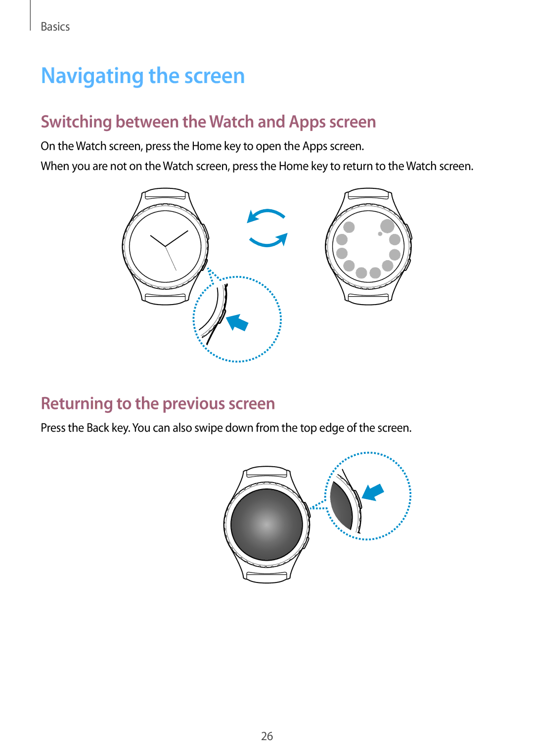 Samsung SM-R7350ZKASWC, SM-R7350ZKAVD2, SM-R7350ZKAVIA Navigating the screen, Switching between the Watch and Apps screen 