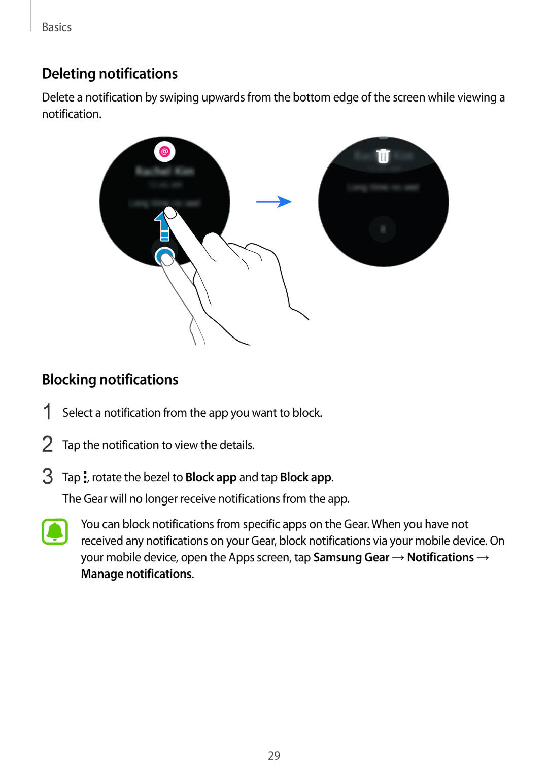 Samsung SM-R7350ZKGAMO, SM-R7350ZKAVD2, SM-R7350ZKAVIA, SM-R7350ZKASWC manual Deleting notifications, Blocking notifications 