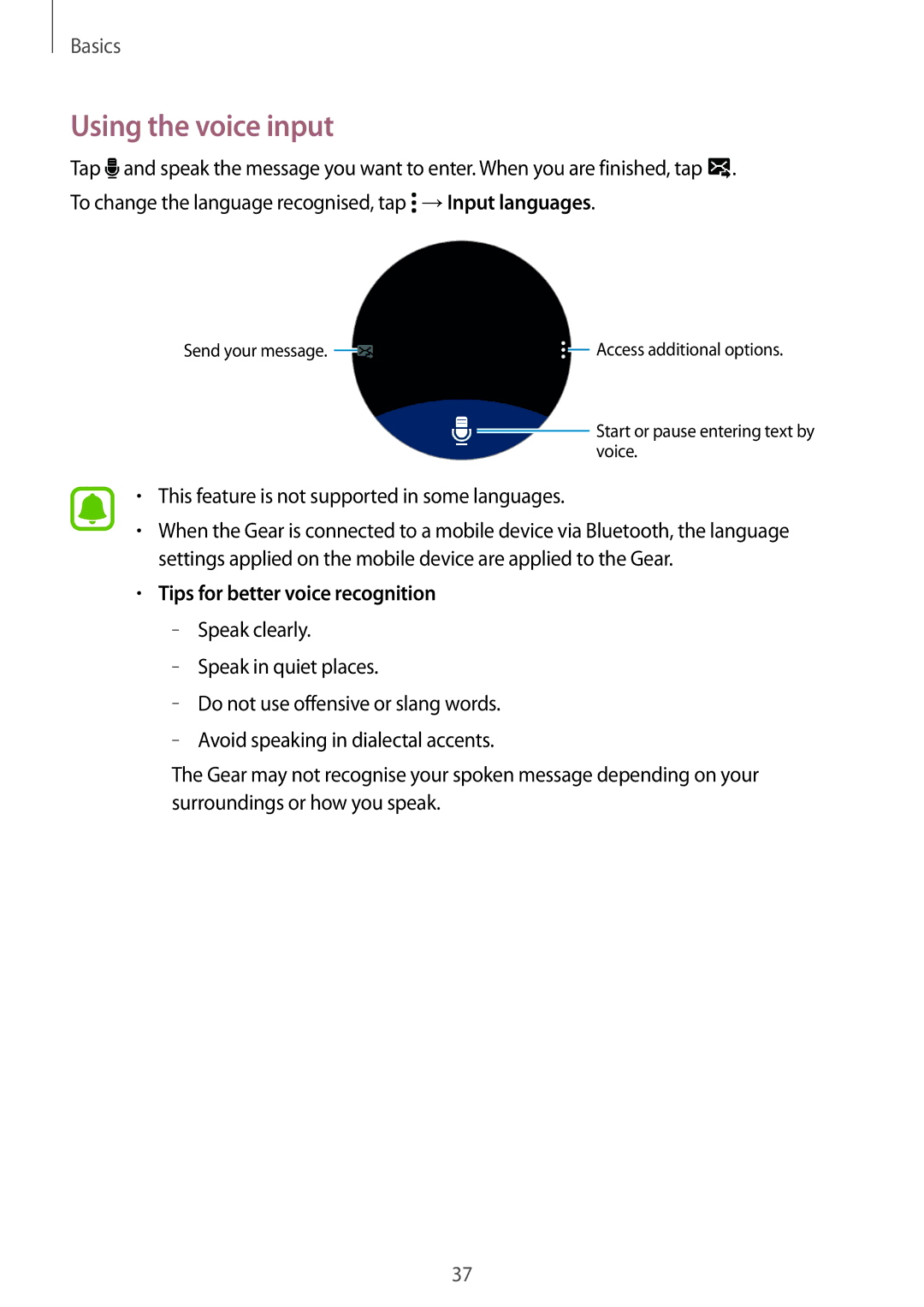 Samsung SM-R7350ZKGAMO, SM-R7350ZKAVD2, SM-R7350ZKAVIA manual Using the voice input, Tips for better voice recognition 