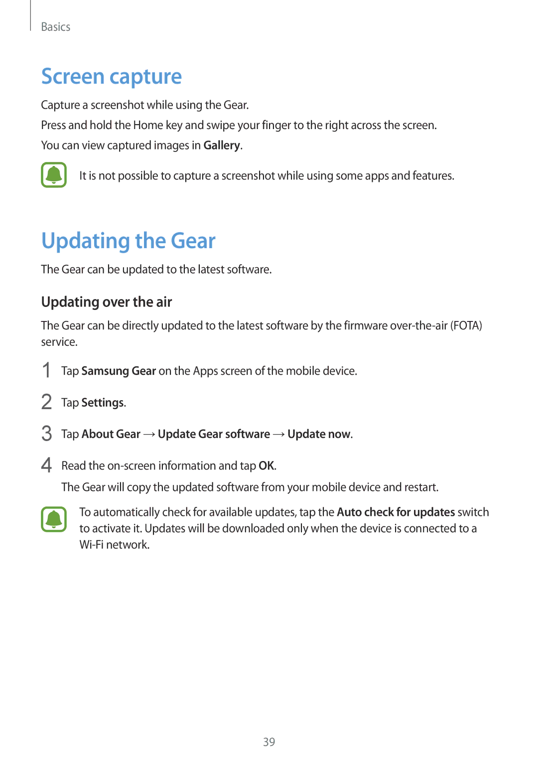 Samsung SM-R7350ZKOEMT, SM-R7350ZKAVD2, SM-R7350ZKAVIA manual Screen capture, Updating the Gear, Updating over the air 