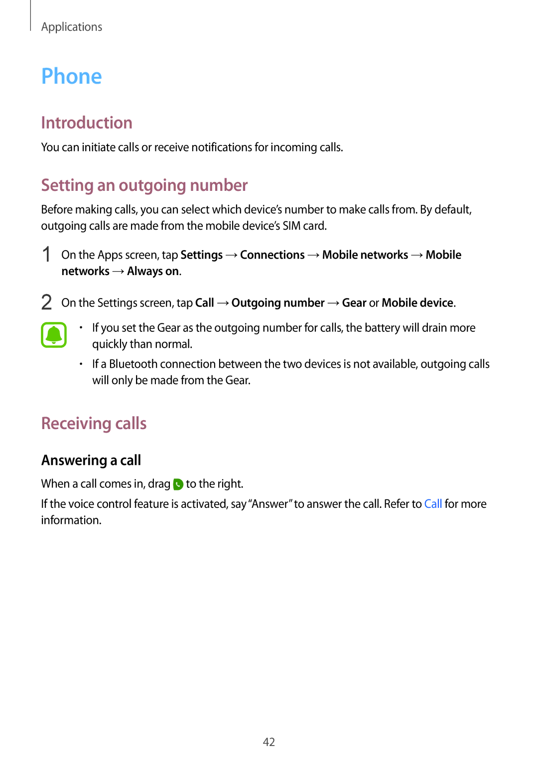 Samsung SM-R7350ZKASWC, SM-R7350ZKAVD2, SM-R7350ZKAVIA Phone, Setting an outgoing number, Receiving calls, Answering a call 