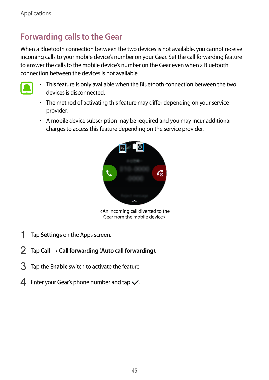 Samsung SM-R7350ZKGAMO, SM-R7350ZKAVD2 manual Forwarding calls to the Gear, Tap Call →Call forwarding Auto call forwarding 
