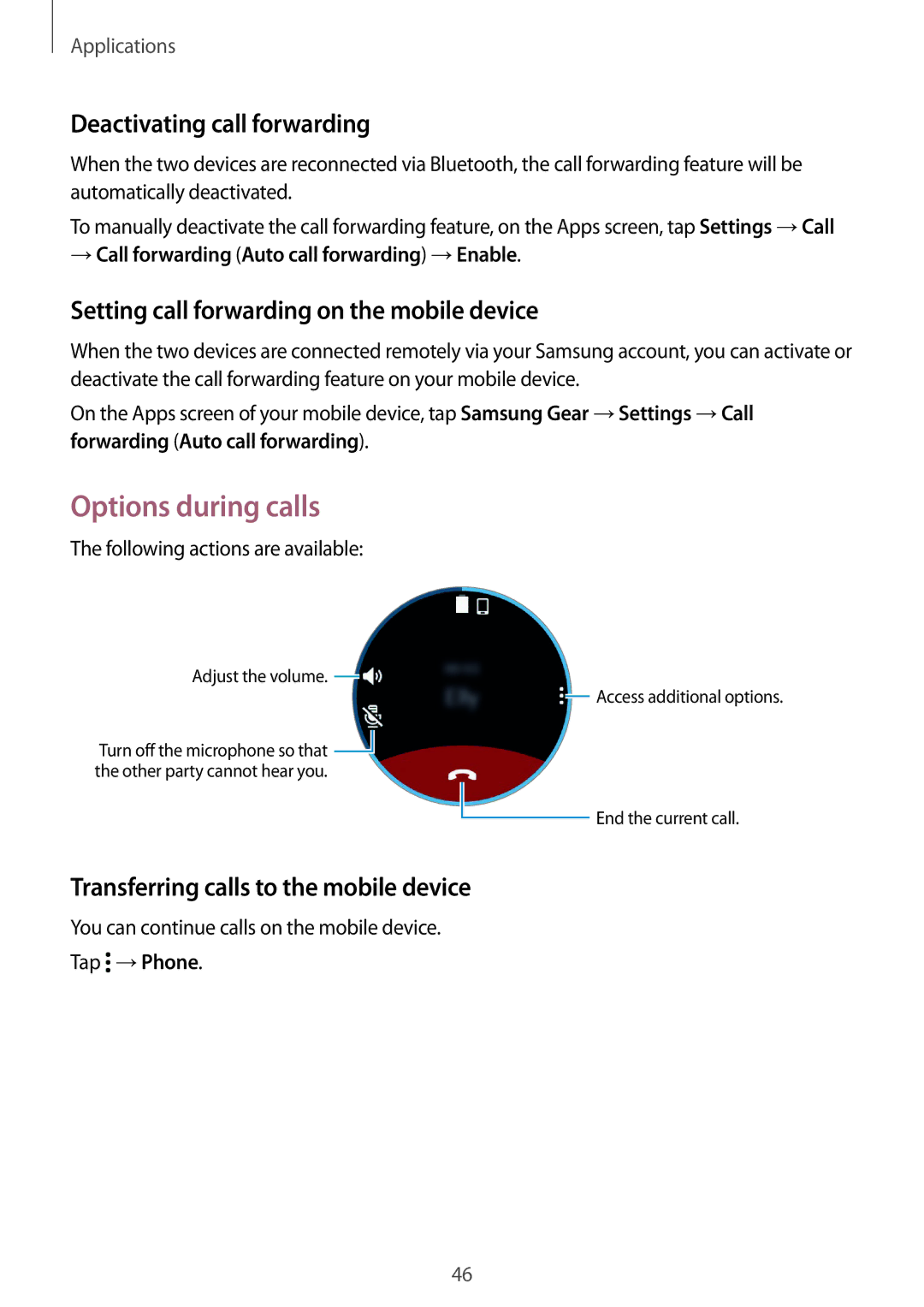 Samsung SM-R7350ZKONEE Options during calls, Deactivating call forwarding, Setting call forwarding on the mobile device 