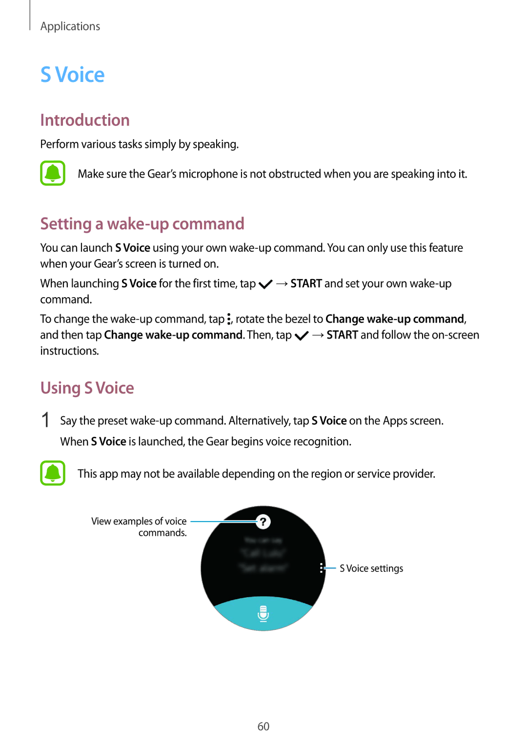 Samsung SM-R7350ZKGTIM, SM-R7350ZKAVD2, SM-R7350ZKAVIA, SM-R7350ZKASWC manual Setting a wake-up command, Using S Voice 