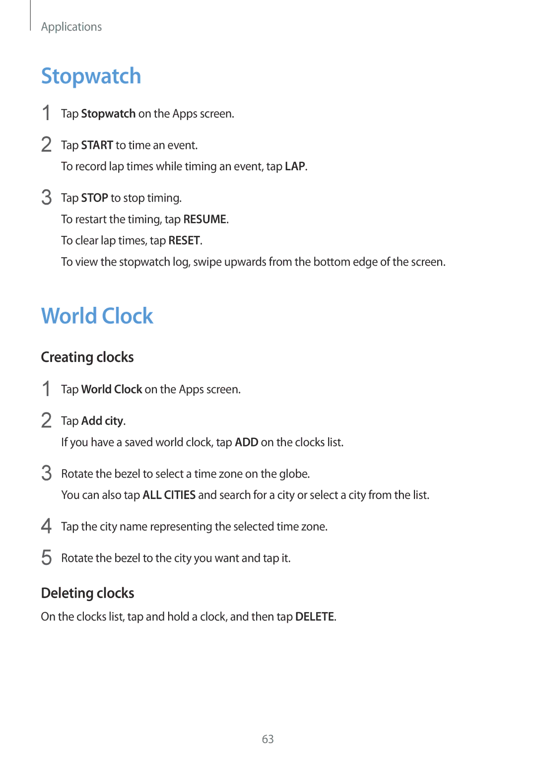 Samsung SM-R7350ZKOEMT, SM-R7350ZKAVD2 manual Stopwatch, World Clock, Creating clocks, Deleting clocks, Tap Add city 