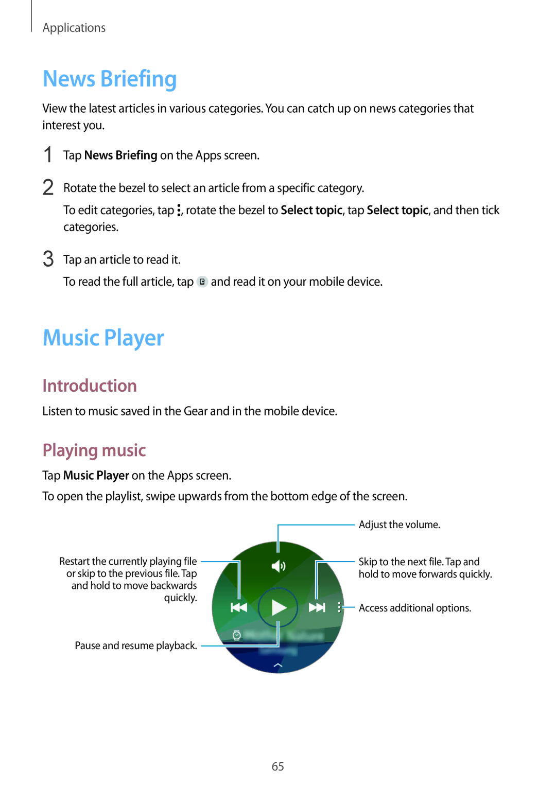 Samsung SM-R7350ZKAVIA, SM-R7350ZKAVD2, SM-R7350ZKASWC, SM-R7350ZKGFTM manual News Briefing, Music Player, Playing music 