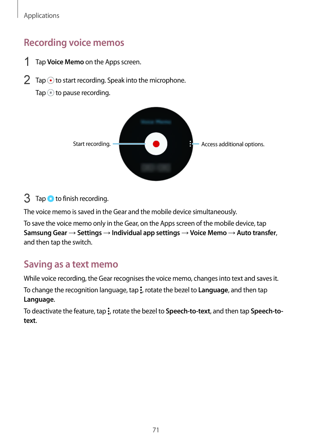 Samsung SM-R7350ZKOEMT, SM-R7350ZKAVD2, SM-R7350ZKAVIA, SM-R7350ZKASWC manual Recording voice memos, Saving as a text memo 