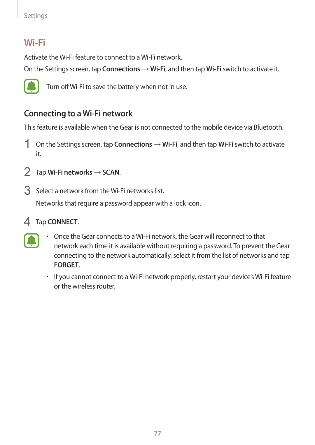 Samsung SM-R7350ZKGAMO, SM-R7350ZKAVD2 manual Connecting to a Wi-Fi network, Tap Wi-Fi networks →SCAN, Tap Connect 