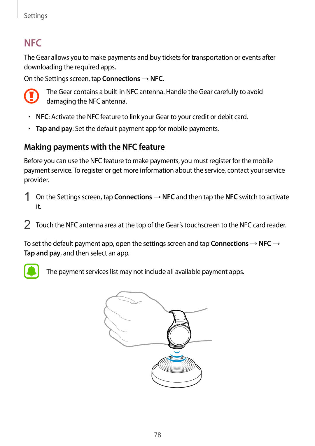 Samsung SM-R7350ZKONEE, SM-R7350ZKAVD2, SM-R7350ZKAVIA, SM-R7350ZKASWC manual Nfc, Making payments with the NFC feature 