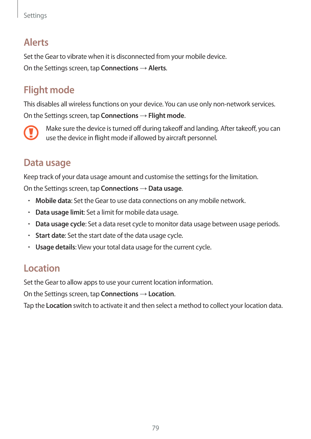 Samsung SM-R7350ZKOEMT, SM-R7350ZKAVD2, SM-R7350ZKAVIA, SM-R7350ZKASWC manual Alerts, Flight mode, Data usage, Location 