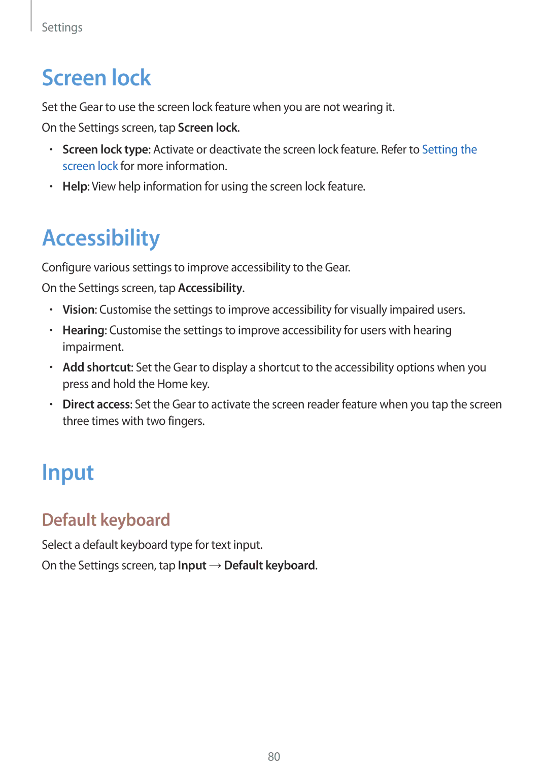 Samsung SM-R7350ZKAVD2, SM-R7350ZKAVIA, SM-R7350ZKASWC, SM-R7350ZKGFTM Screen lock, Accessibility, Input, Default keyboard 