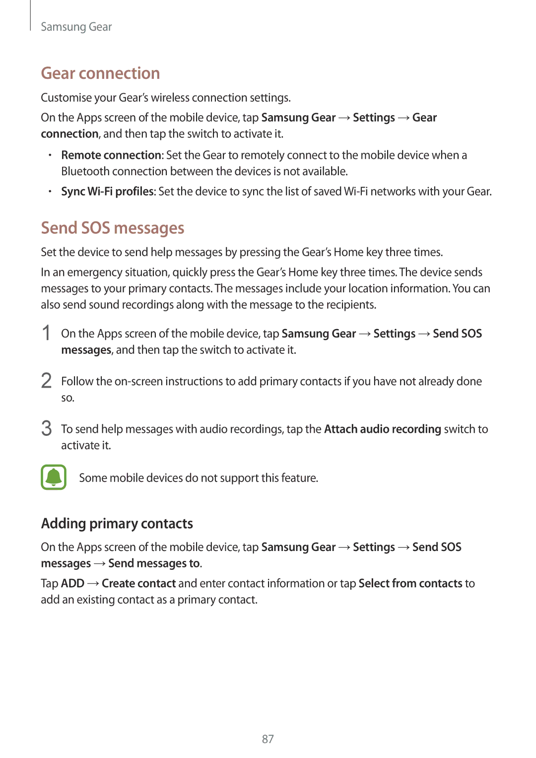 Samsung SM-R7350ZKOEMT, SM-R7350ZKAVD2, SM-R7350ZKAVIA manual Gear connection, Send SOS messages, Adding primary contacts 