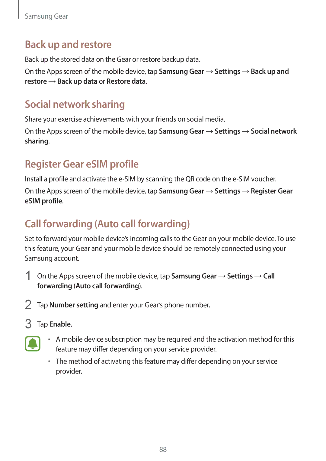 Samsung SM-R7350ZKAVD2, SM-R7350ZKAVIA manual Back up and restore, Social network sharing, Register Gear eSIM profile 