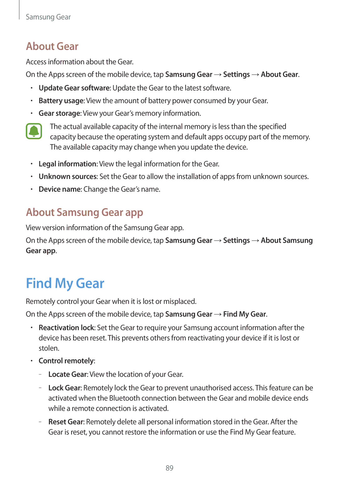 Samsung SM-R7350ZKAVIA, SM-R7350ZKAVD2, SM-R7350ZKASWC Find My Gear, About Gear, About Samsung Gear app, Control remotely 