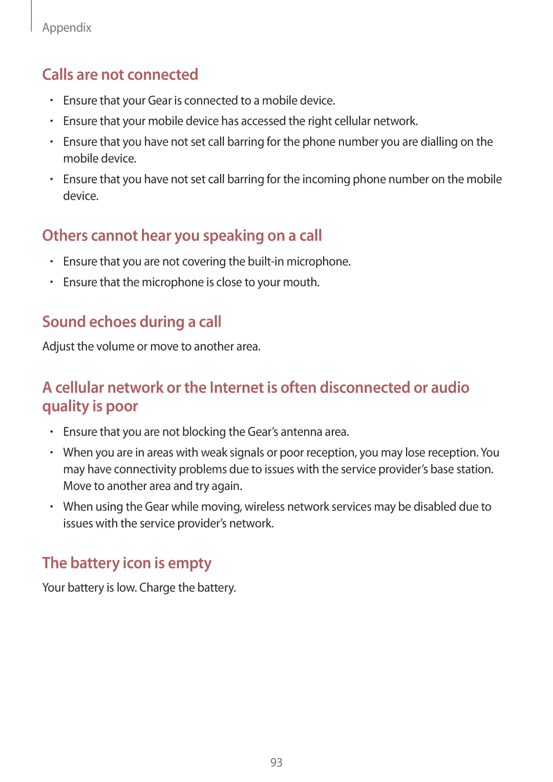 Samsung SM-R7350ZKGAMO, SM-R7350ZKAVD2, SM-R7350ZKAVIA, SM-R7350ZKASWC, SM-R7350ZKGFTM manual Sound echoes during a call 