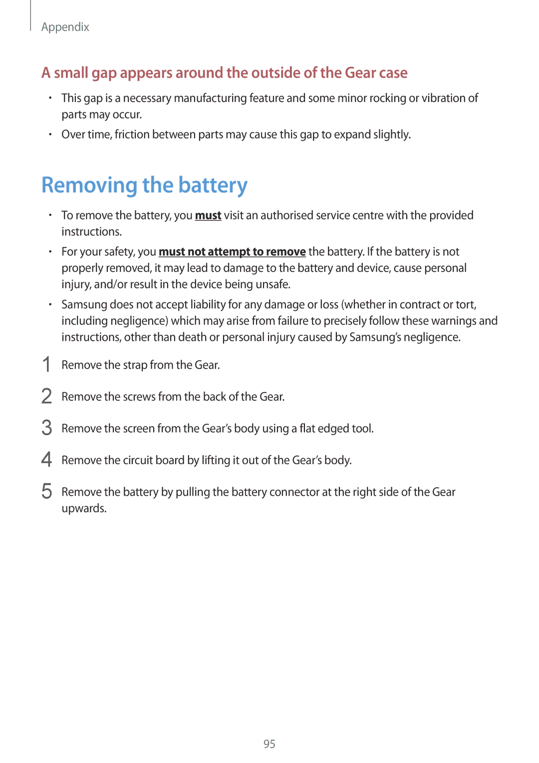 Samsung SM-R7350ZKOEMT, SM-R7350ZKAVD2 manual Removing the battery, Small gap appears around the outside of the Gear case 