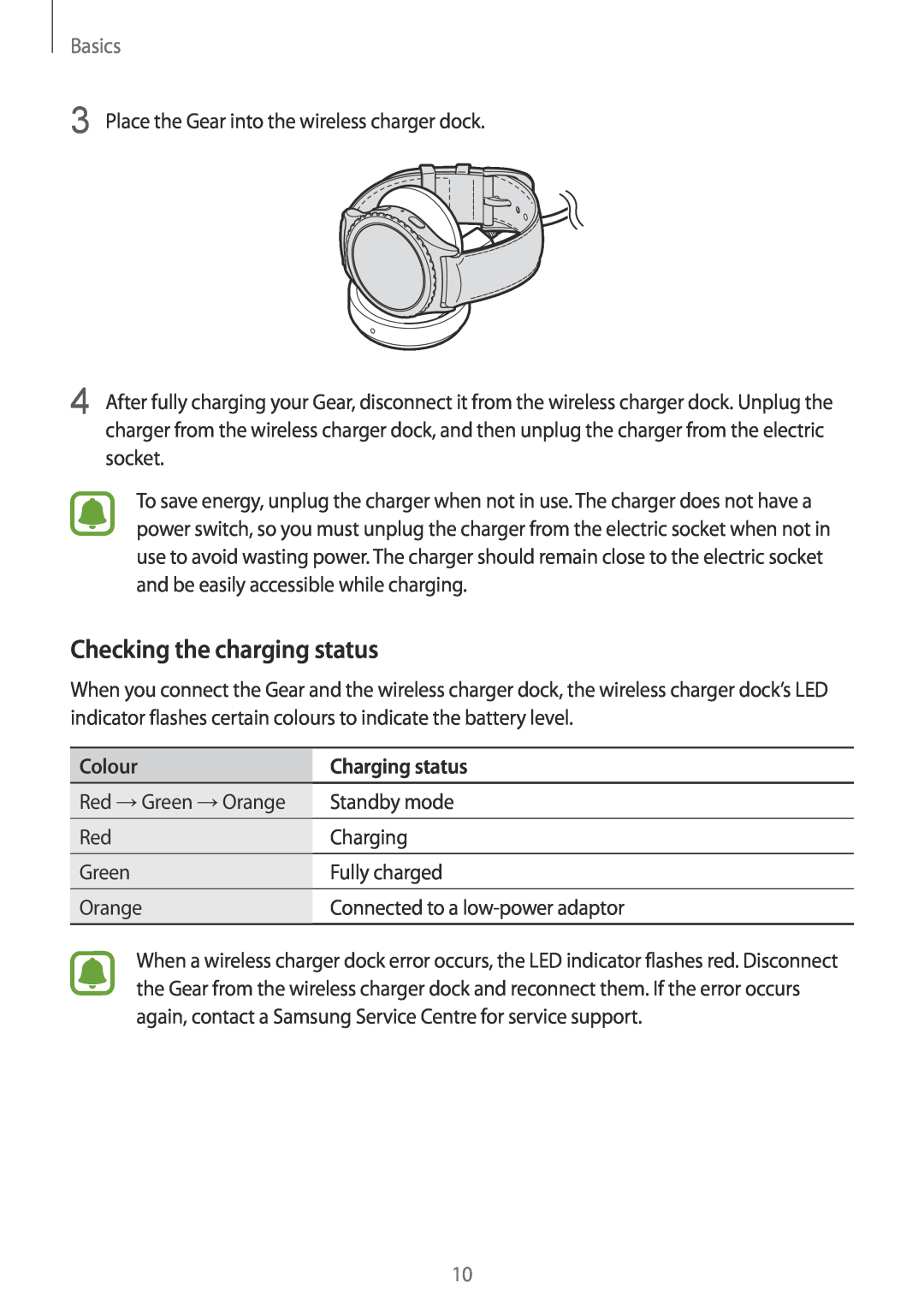 Samsung SM-R7350ZKASWC, SM-R7350ZKAVD2, SM-R7350ZKAVIA manual Checking the charging status, Basics, Colour, Charging status 
