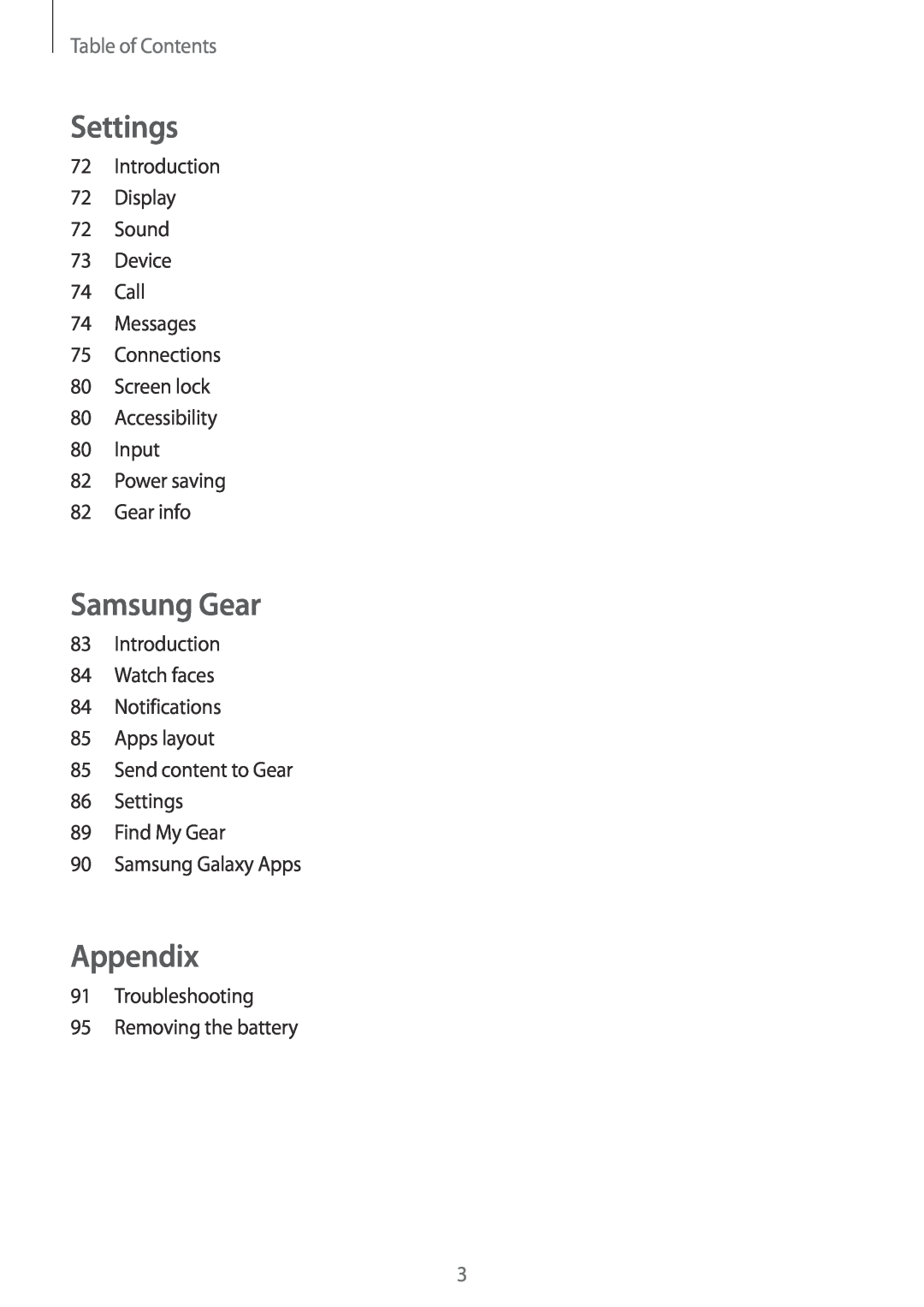 Samsung SM-R7350ZKGFTM Settings, Samsung Gear, Appendix, Table of Contents, Power saving 82 Gear info, Samsung Galaxy Apps 