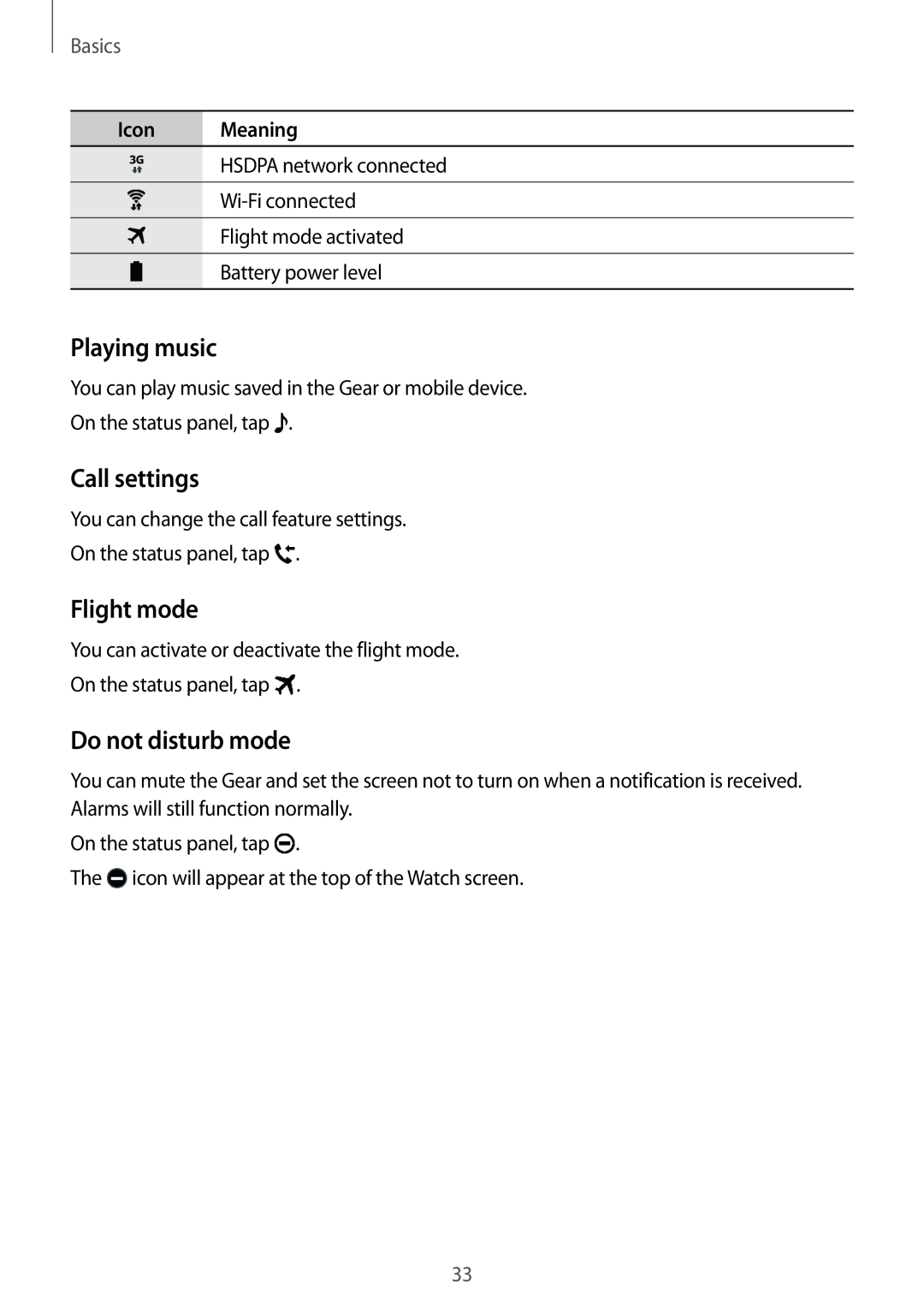 Samsung SM-R7350ZKAVIA, SM-R7350ZKAVD2 manual Playing music, Call settings, Flight mode, Do not disturb mode, Basics 