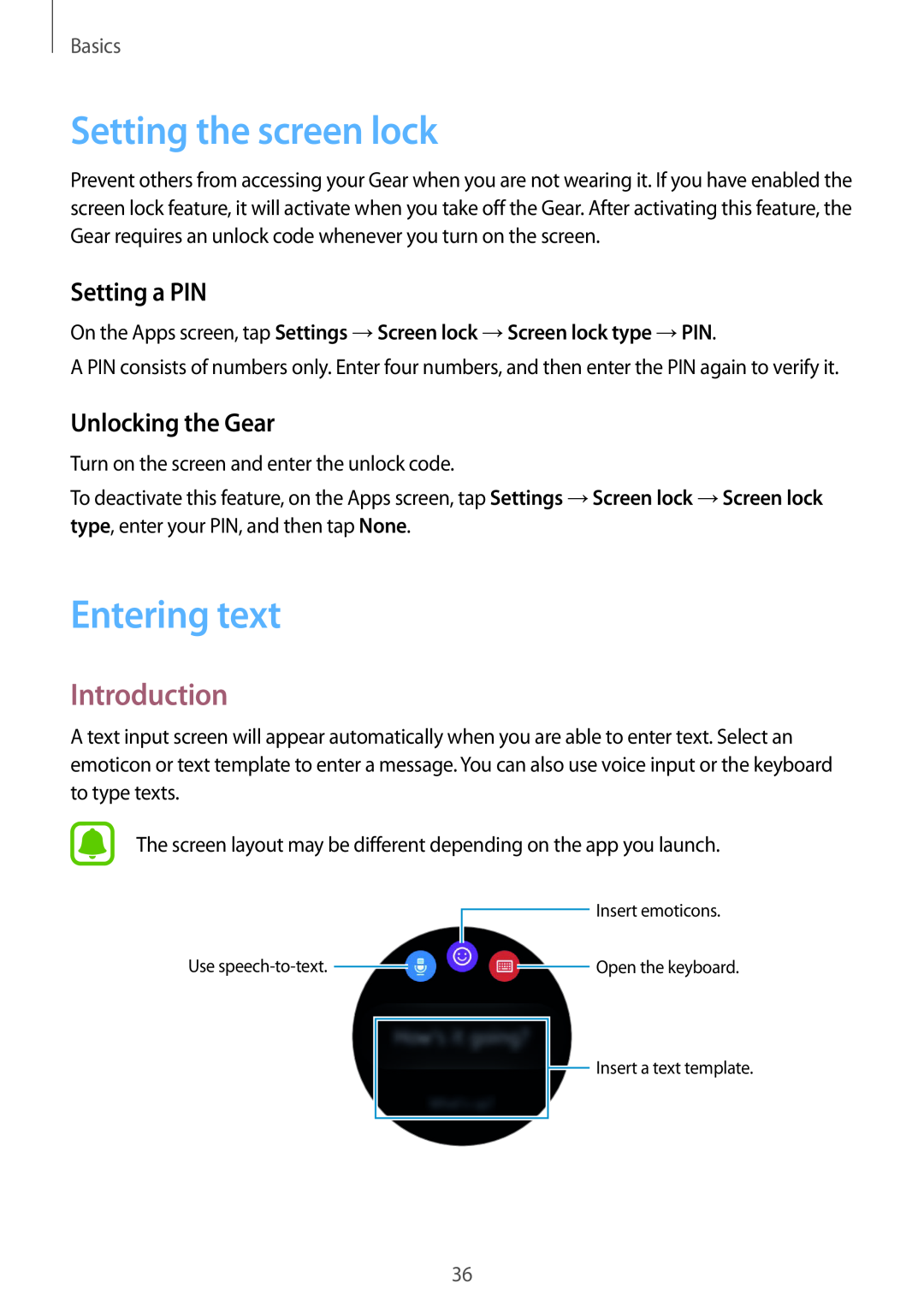 Samsung SM-R7350ZKGTIM Setting the screen lock, Entering text, Setting a PIN, Unlocking the Gear, Introduction, Basics 