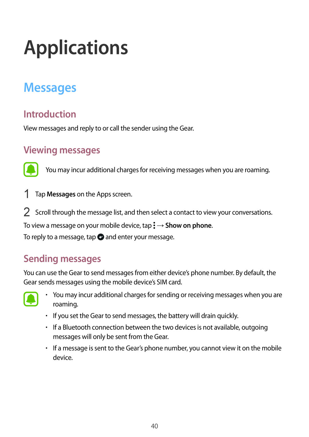Samsung SM-R7350ZKAVD2, SM-R7350ZKAVIA manual Applications, Messages, Viewing messages, Sending messages, Introduction 