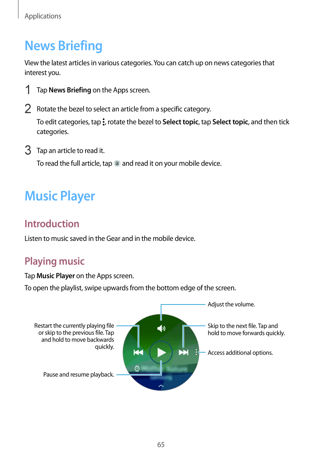 Samsung SM-R7350ZKAVIA, SM-R7350ZKAVD2 manual News Briefing, Music Player, Playing music, Introduction, Applications 