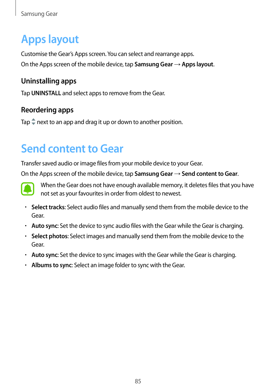 Samsung SM-R7350ZKGAMO, SM-R7350ZKAVD2 Apps layout, Send content to Gear, Reordering apps, Uninstalling apps, Samsung Gear 
