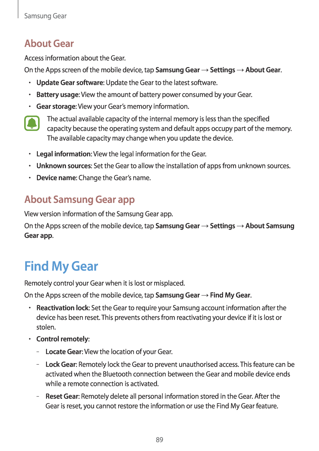 Samsung SM-R7350ZKAVIA, SM-R7350ZKAVD2, SM-R7350ZKASWC, SM-R7350ZKGFTM manual Find My Gear, About Gear, About Samsung Gear app 